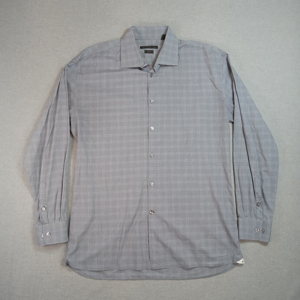 John Varvatos USA‎ Slim Fit Dress Shirt Men's 17.5 34/35 Gray Graph Check Plaid